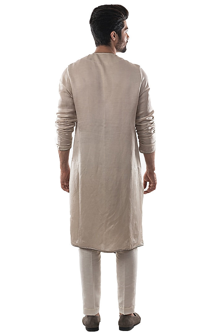 Oyster Grey Linen Satin Asymmetrical Draped Kurta Set by PAARSH at Pernia's Pop Up Shop