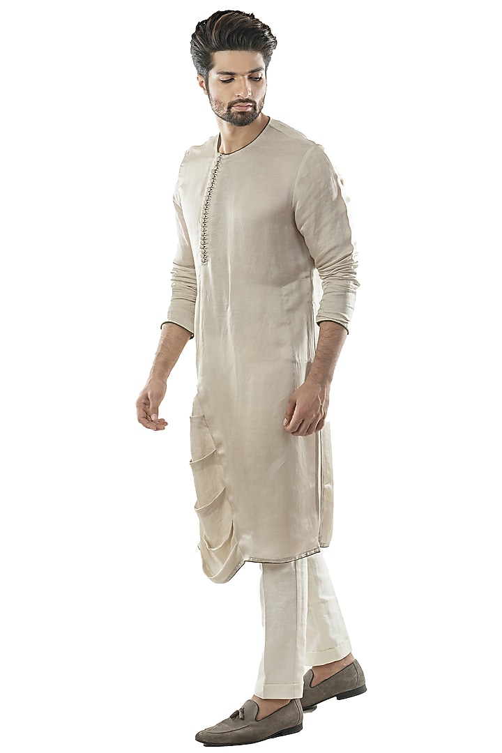 Oyster Grey Linen Satin Asymmetrical Draped Kurta Set by PAARSH at Pernia's Pop Up Shop