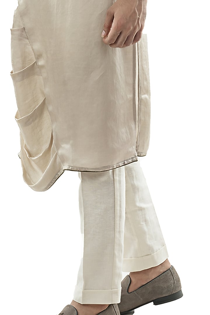 Oyster Grey Linen Satin Asymmetrical Draped Kurta Set by PAARSH at Pernia's Pop Up Shop