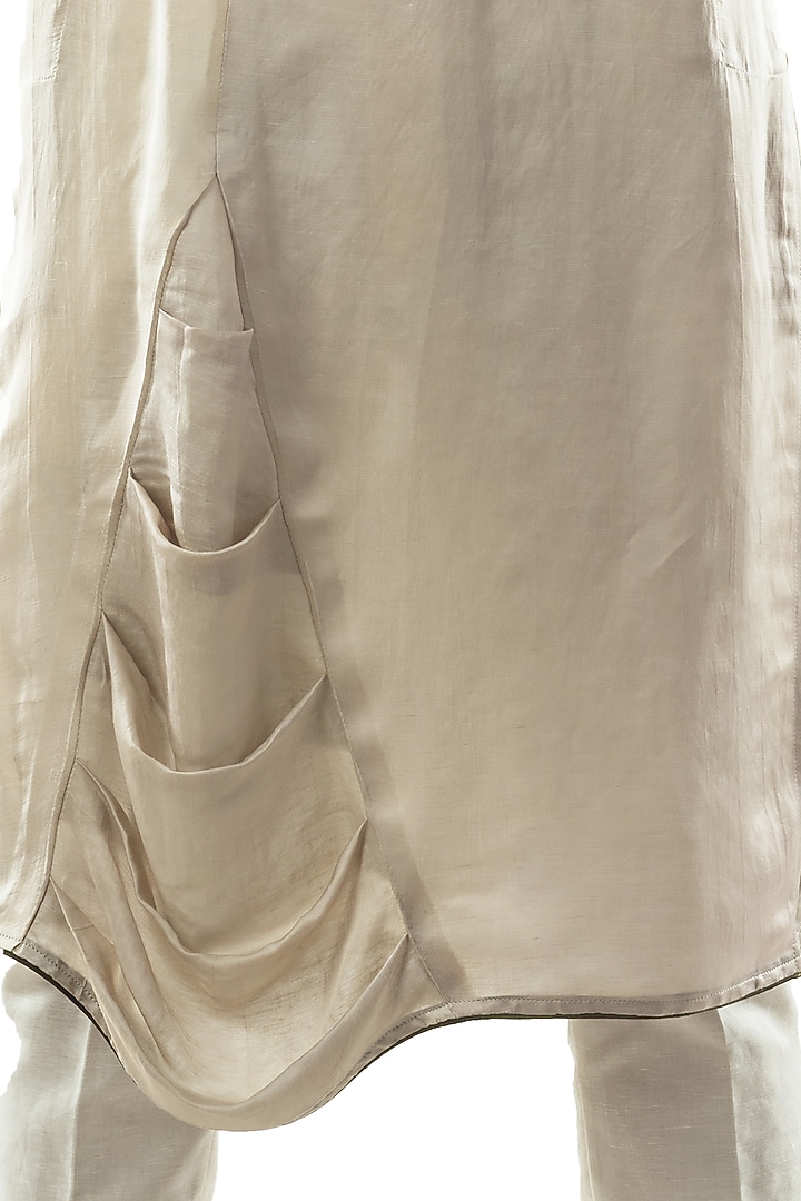 Oyster Grey Linen Satin Asymmetrical Draped Kurta Set by PAARSH at Pernia's Pop Up Shop