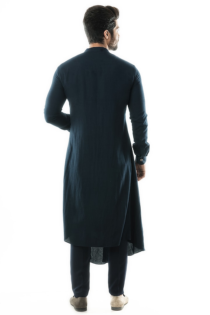 Navy Blue Khadi Layered Kurta Set by PAARSH at Pernia's Pop Up Shop