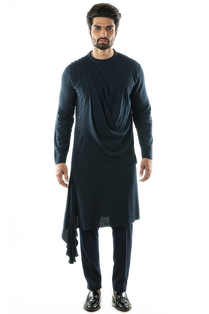 Navy Blue Khadi Draped Kurta Set by PAARSH at Pernia's Pop Up Shop