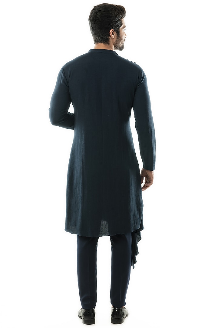 Navy Blue Khadi Draped Kurta Set by PAARSH at Pernia's Pop Up Shop