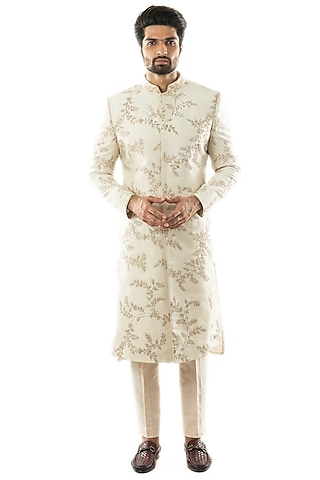 Cream Hand Embroidered Sherwani Set by PAARSH