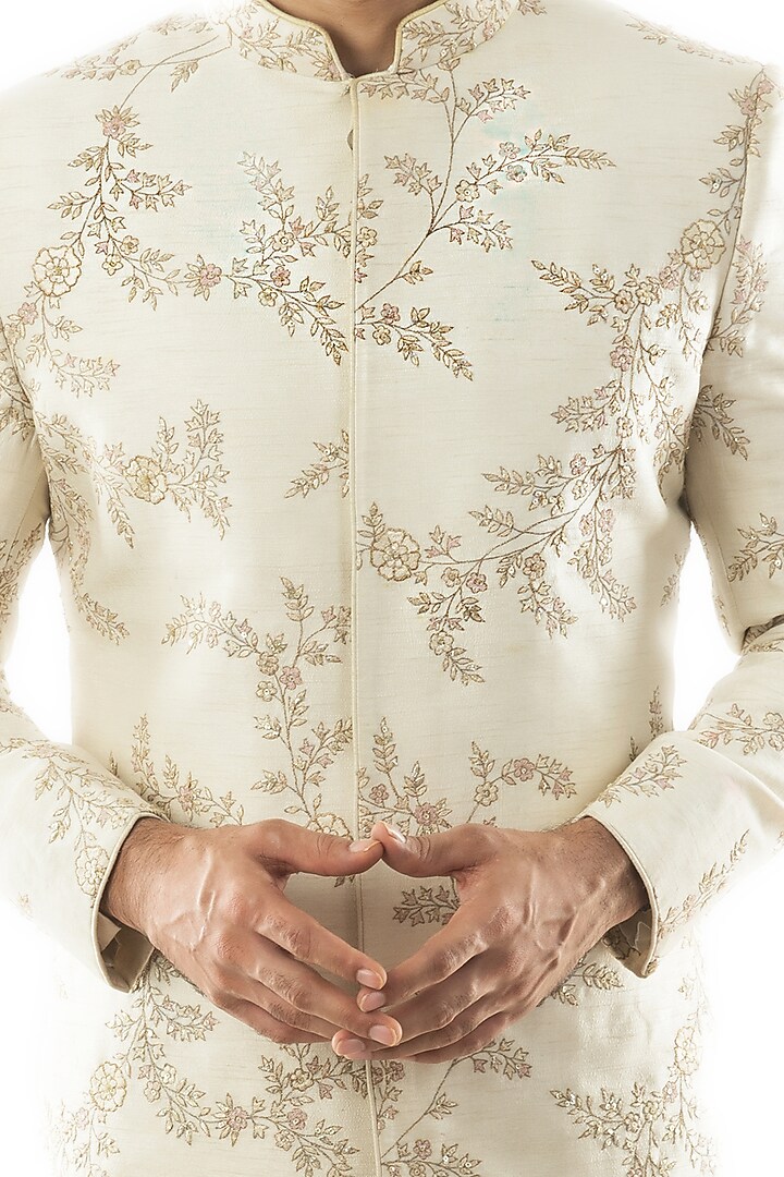 Cream Hand Embroidered Wedding Sherwani Set by PAARSH at Pernia's Pop Up Shop