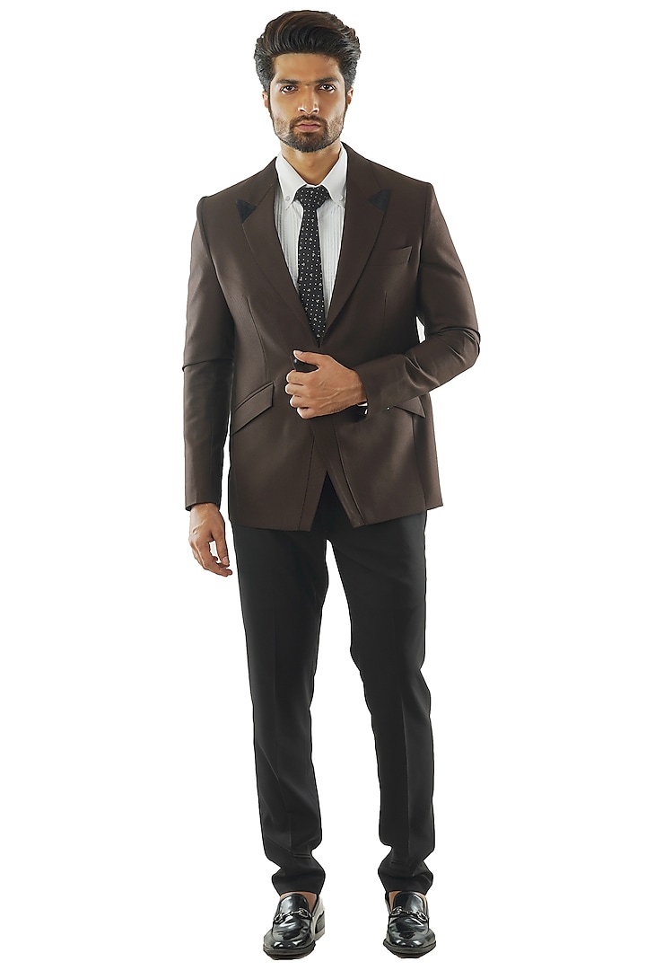 Soil Brown Textured Suiting Blazer Set by PAARSH