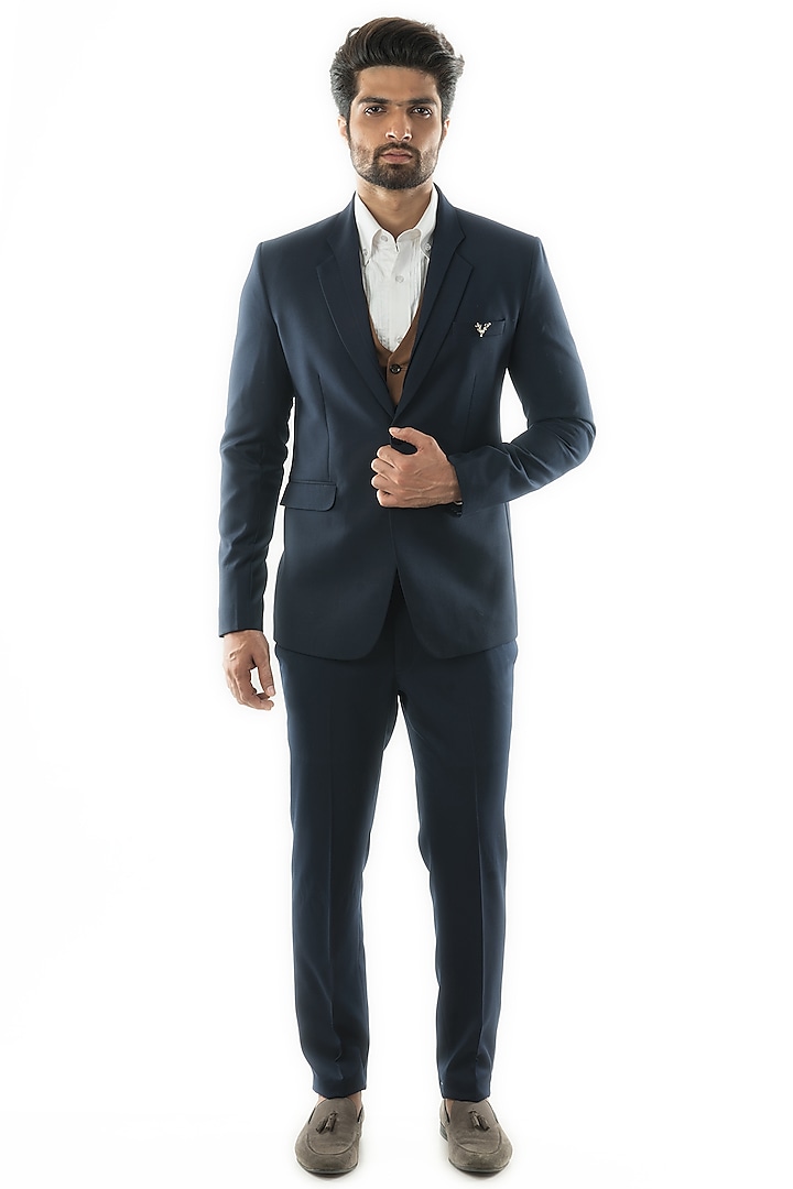 Navy Blue Terrycot One-Button Blazer Set by PAARSH