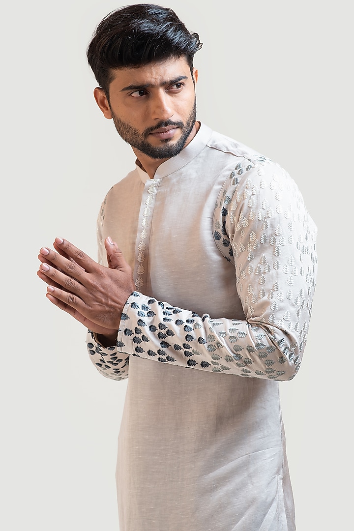 Grey Linen Satin Leaf Embroidered Kurta Set by PAARSH at Pernia's Pop Up Shop