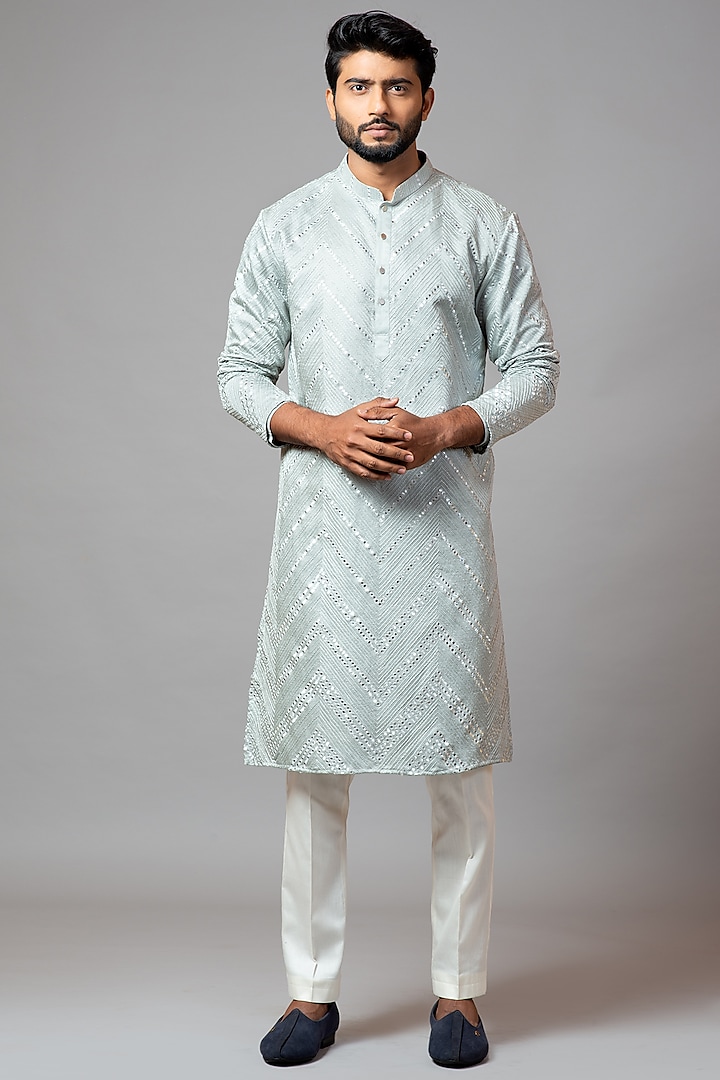 Oyster Green Embroidered Kurta Set by PAARSH