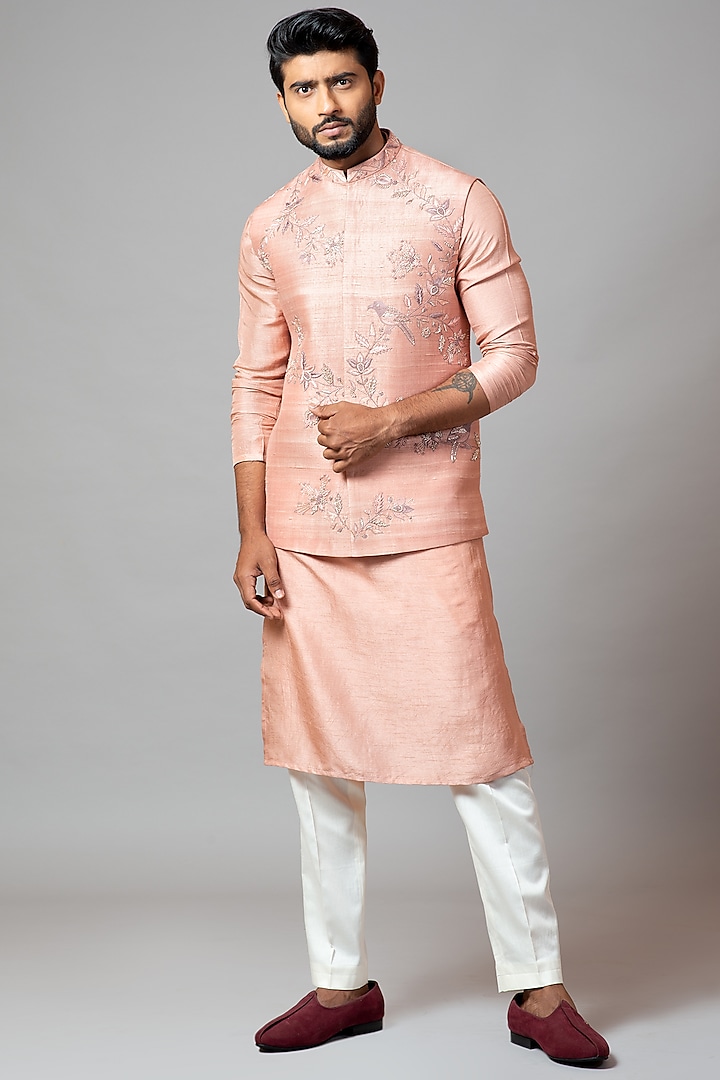 Onion Pink Embroidered Nehru Jacket With Kurta Set by PAARSH