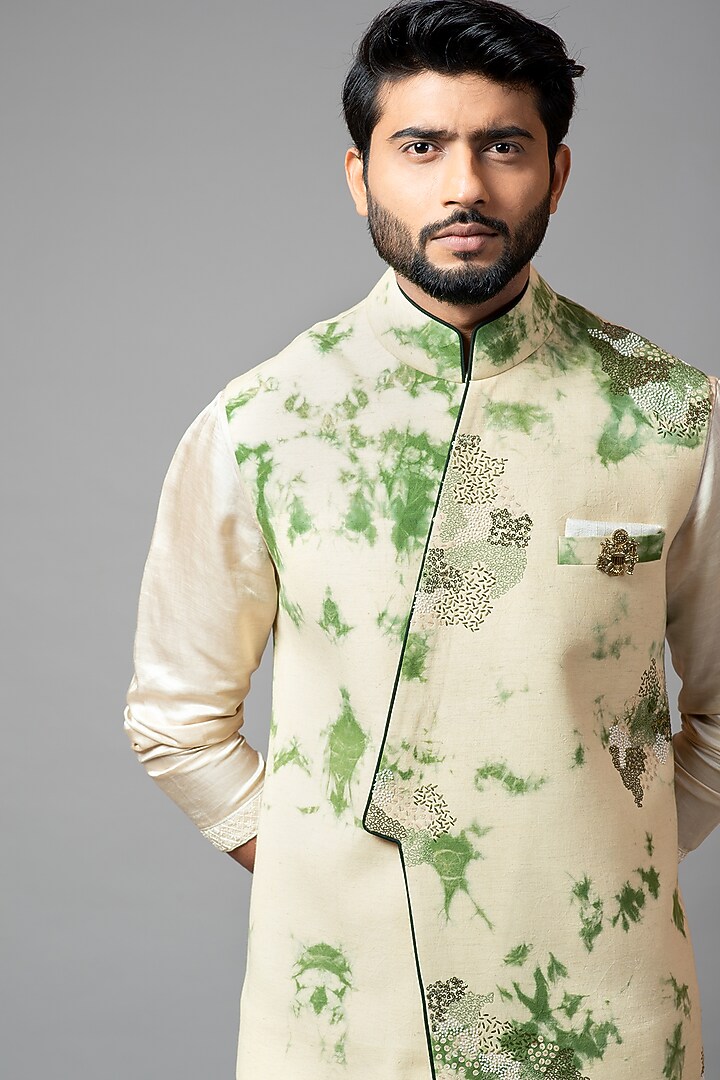 Beige & Green Plain Kora Sequins Embroidered Nehru Jacket Set by PAARSH at Pernia's Pop Up Shop