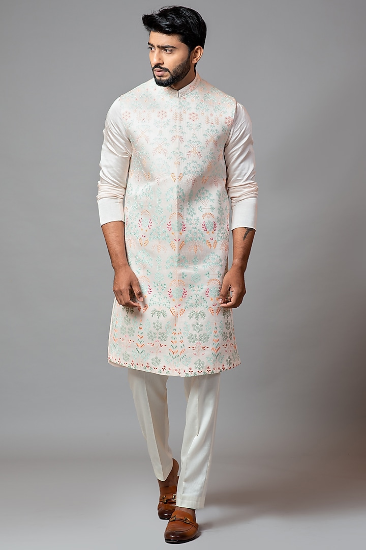 Faded Pink Embroidered Long Nehru Jacket With Kurta Set by PAARSH