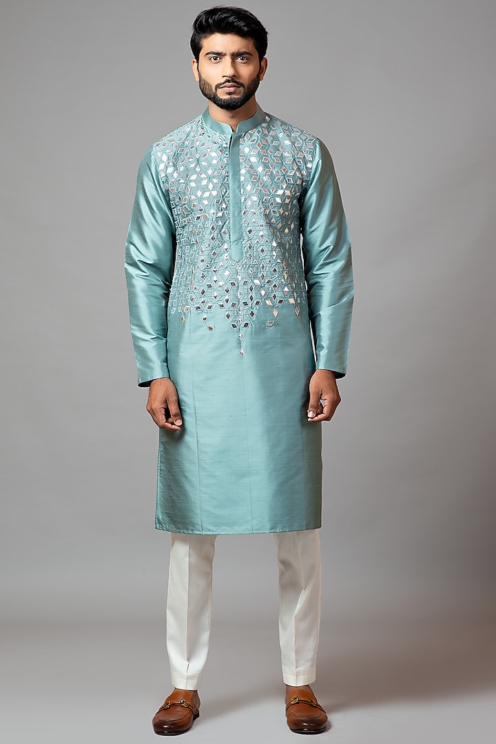 Turquoise Embroidered Kurta Set by PAARSH