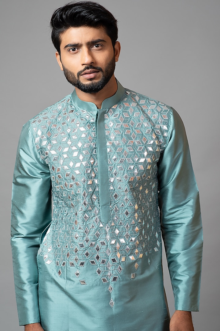 Turquoise Steel Gota Patti Embroidered Kurta Set by PAARSH at Pernia's Pop Up Shop