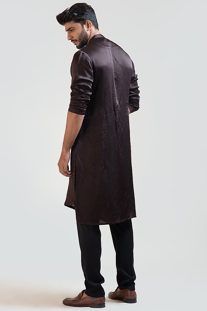 Coco Brown Linen Satin Embroidered Kurta Set by PAARSH at Pernia's Pop Up Shop