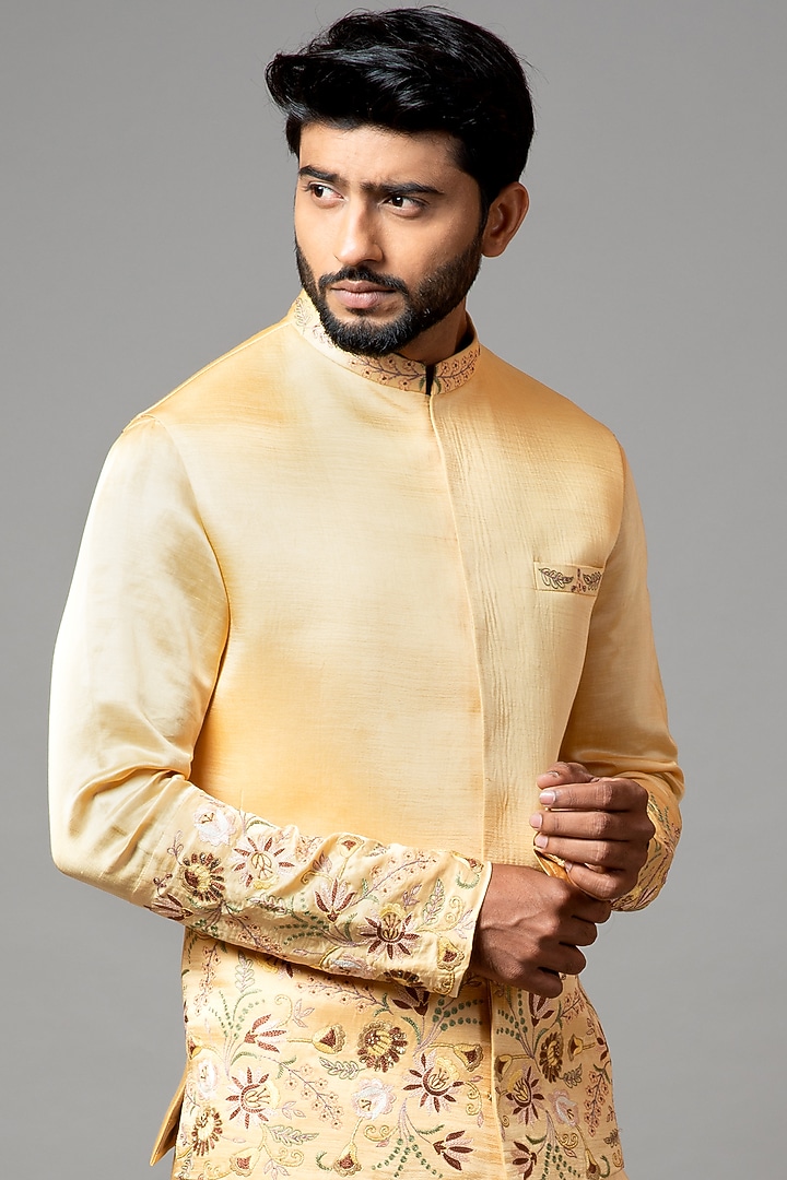 Dull Mustard Linen Satin Floral Embroidered Nehru Jacket Set by PAARSH at Pernia's Pop Up Shop