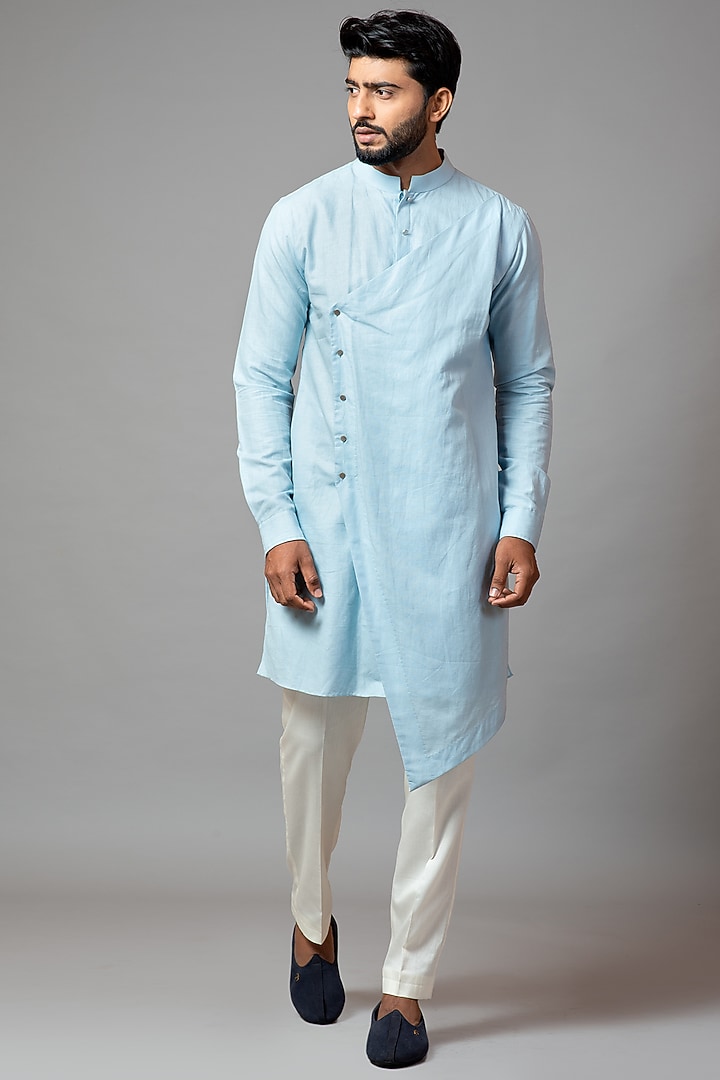 Powder Blue Linen Satin Kurta Set by PAARSH at Pernia's Pop Up Shop