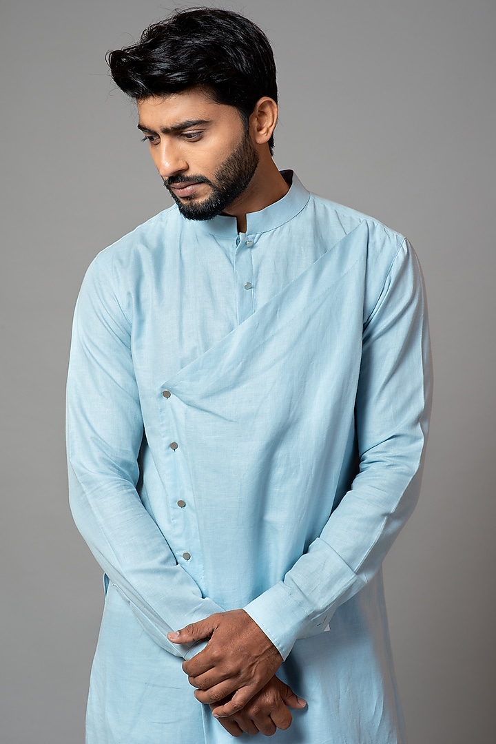 Powder Blue Linen Satin Kurta Set by PAARSH at Pernia's Pop Up Shop