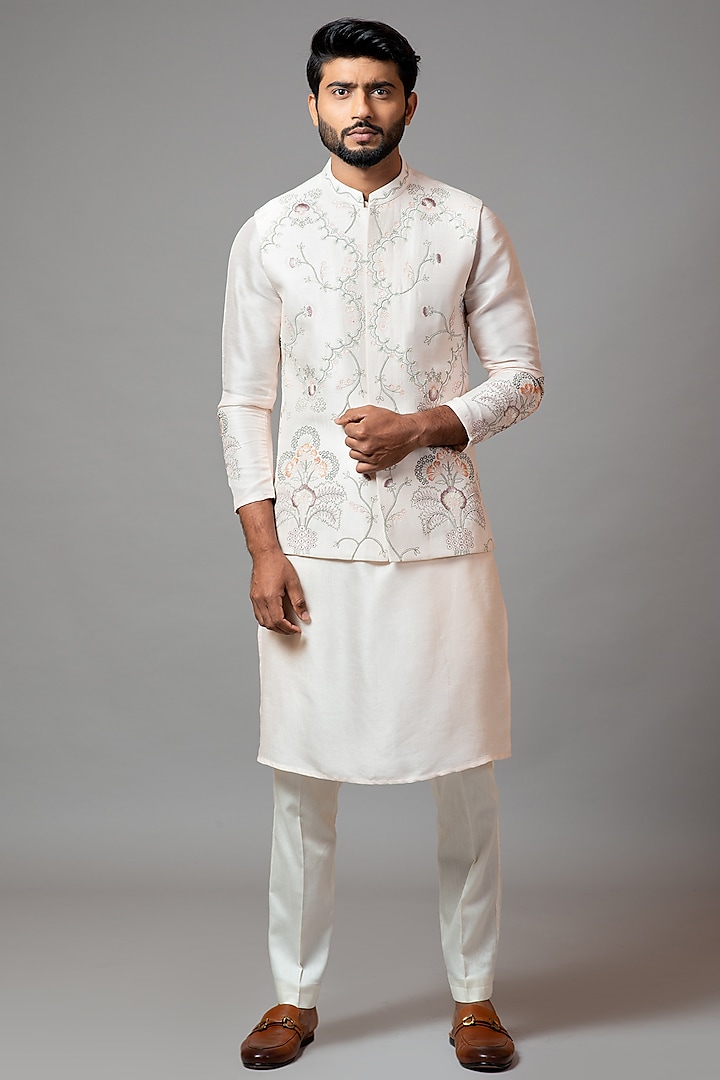 Baby Pink Embroidered Nehru Jacket With Kurta Set by PAARSH