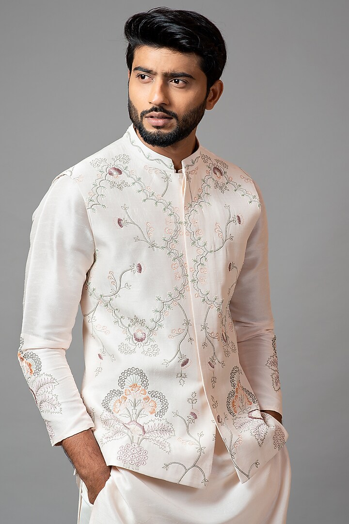 Baby Pink Embroidered Nehru Jacket With Kurta Set by PAARSH at Pernia's Pop Up Shop