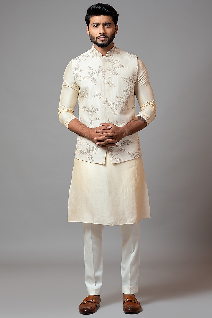 Ivory Embroidered Nehru Jacket With Kurta Set by PAARSH