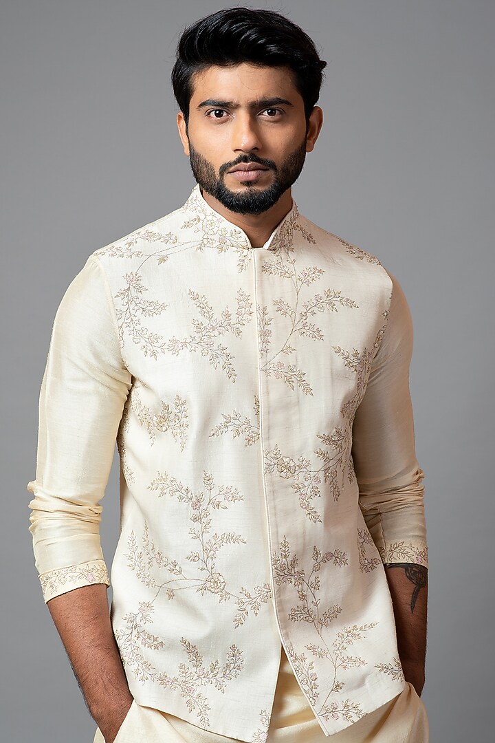 Ivory Bamboo Silk Jaal Embroidered Nehru Jacket Set by PAARSH at Pernia's Pop Up Shop
