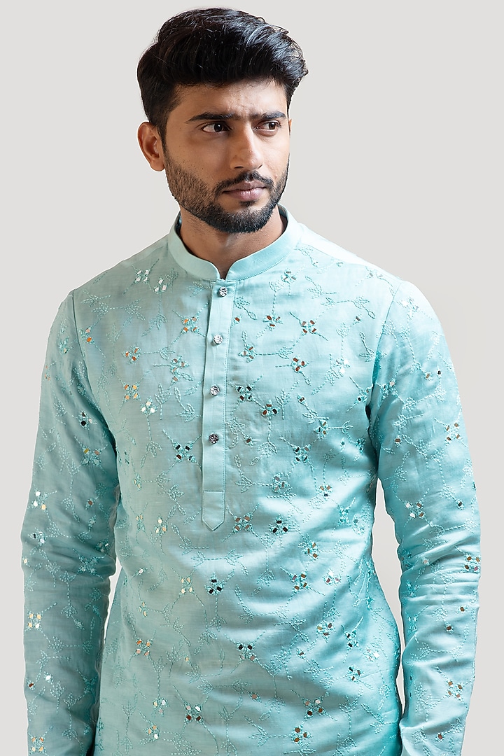 Babyhug Full Sleeves Sequined  Embroidered Kurta with Lurex  Dhoti Set - Teal Blue main image 1