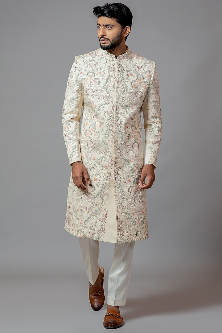 Ivory Embroidered Wedding Sherwani Set by PAARSH at Pernia's Pop Up Shop