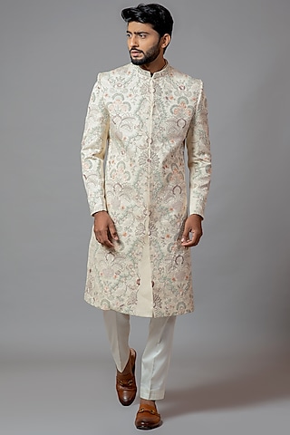 Ivory Embroidered Sherwani Set by PAARSH