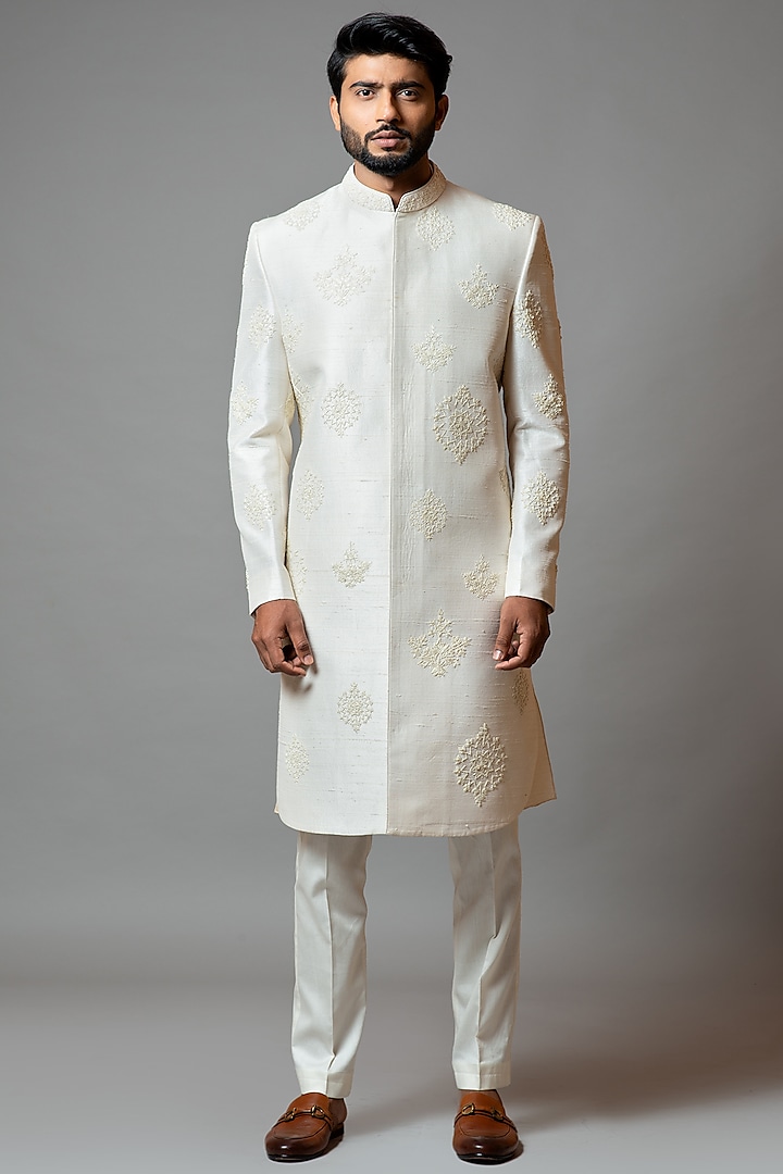 White Embroidered Sherwani Set by PAARSH