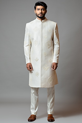 White Embroidered Sherwani Set by PAARSH