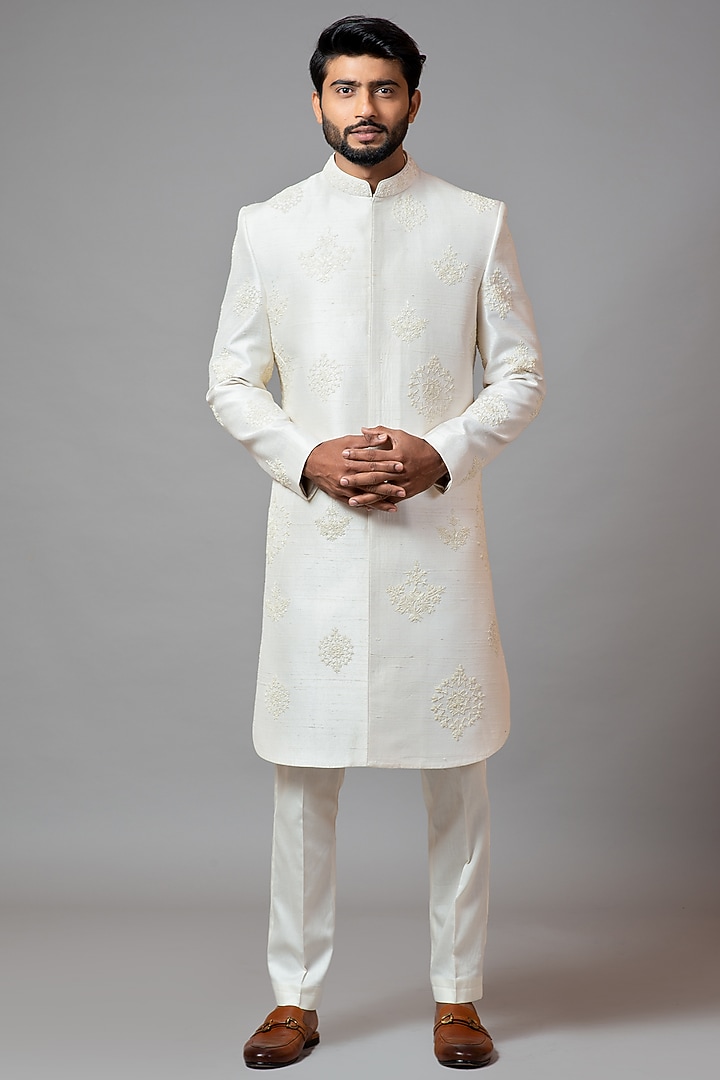 White Embroidered Wedding Sherwani Set by PAARSH at Pernia's Pop Up Shop