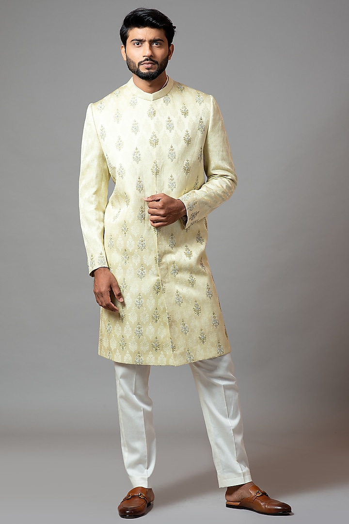 Mint Green Embroidered Sherwani Set by PAARSH