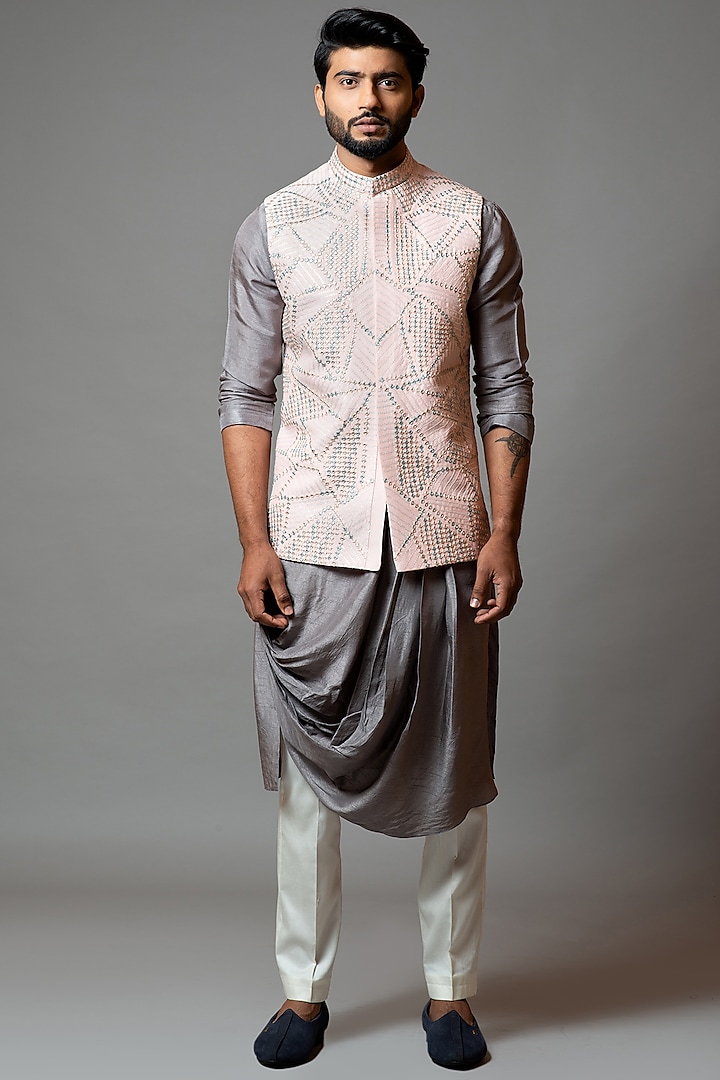 Baby Pink Geometric Embroidered Nehru Jacket With Kurta Set by PAARSH