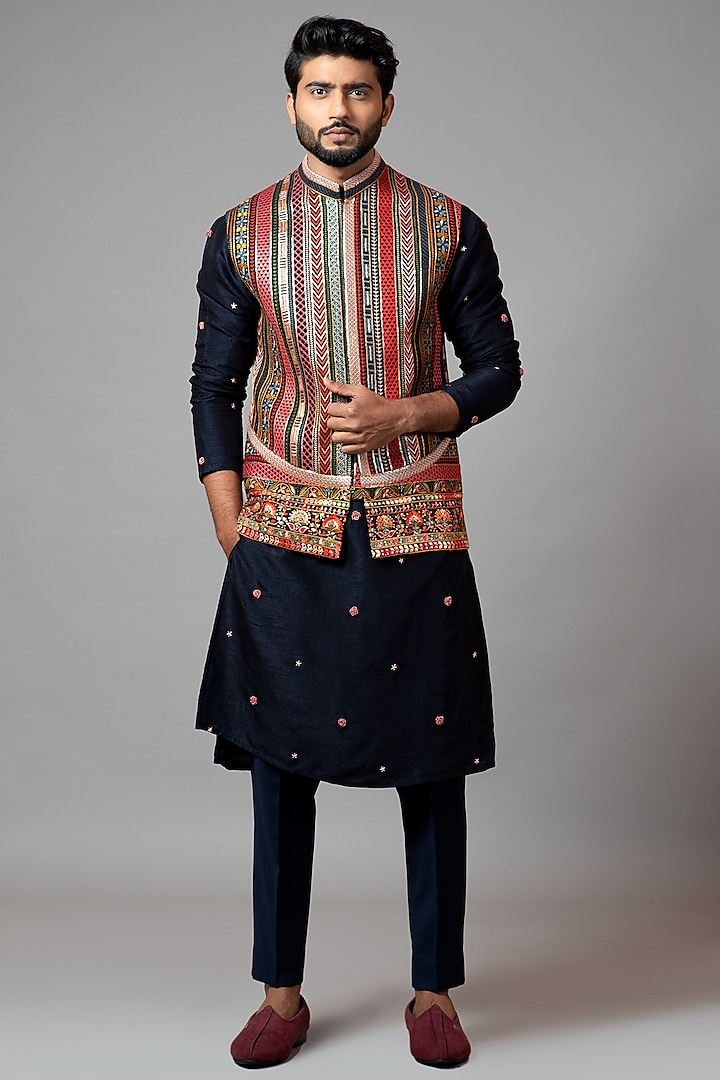 Multi-Colored Embroidered Nehru Jacket With Kurta Set by PAARSH