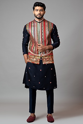 Multi-Colored Viscose Chikankari Embroidered Nehru Jacket Set by PAARSH