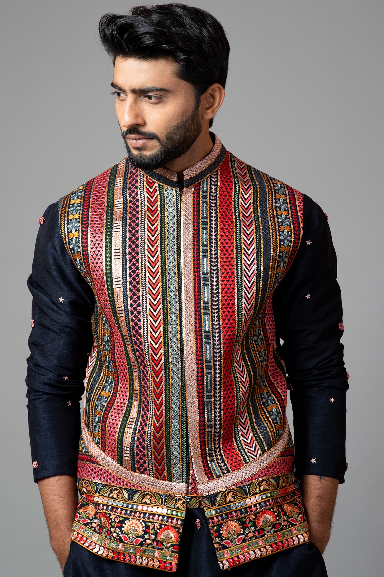 Gunsmoke Gray And Tuna Blue Multicolour Embroidered Textured Premium  Polyester Designer Nehru Jacket For Men.