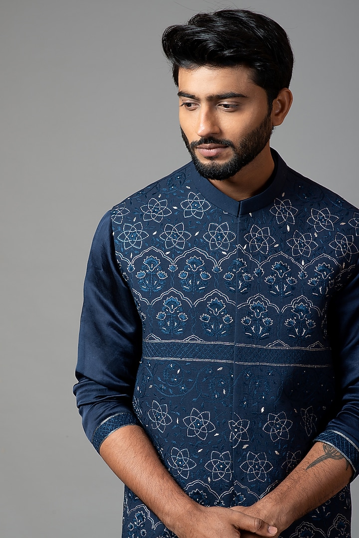 Navy Blue Embroidered Nehru Jacket With Kurta Set by PAARSH at Pernia's Pop Up Shop