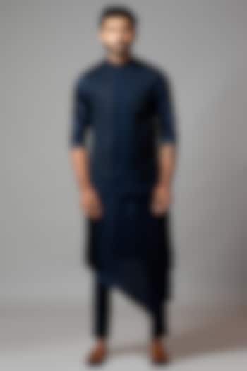 Navy Blue Suiting Nehru Jacket With Kurta Set by PAARSH