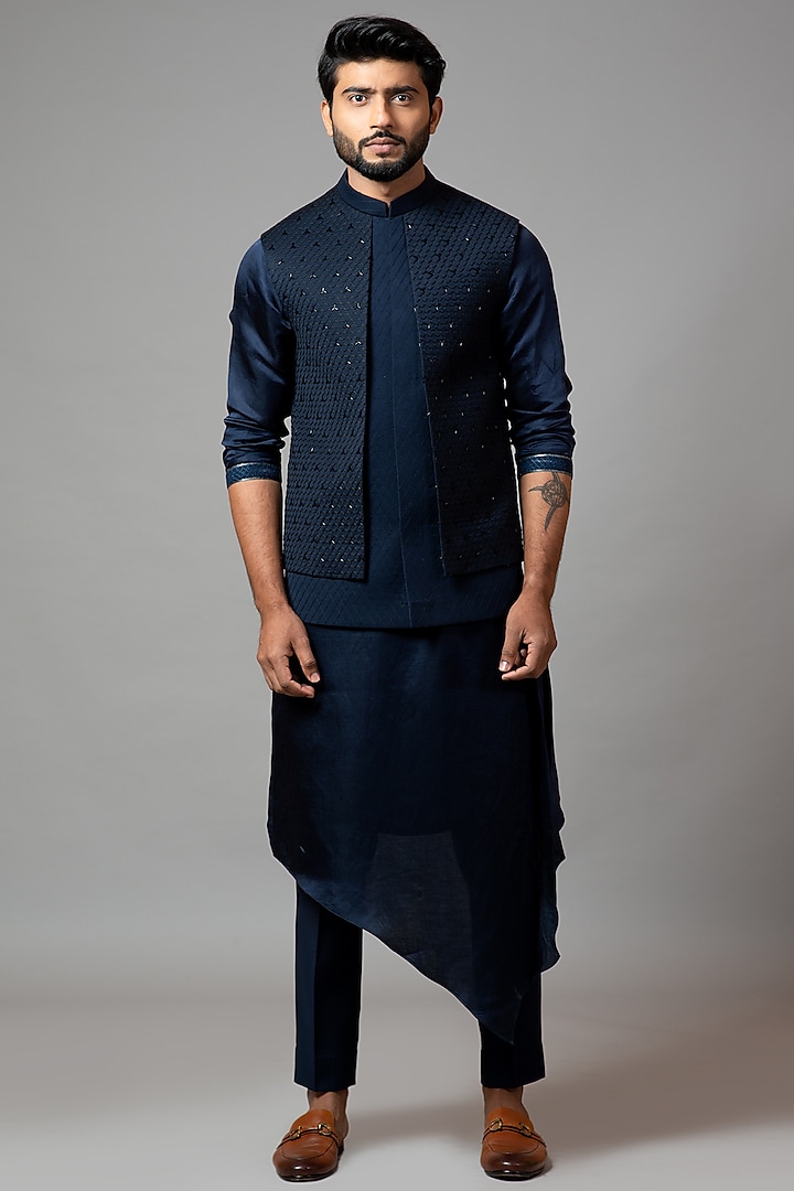 Navy Blue Suiting Nehru Jacket With Kurta Set by PAARSH