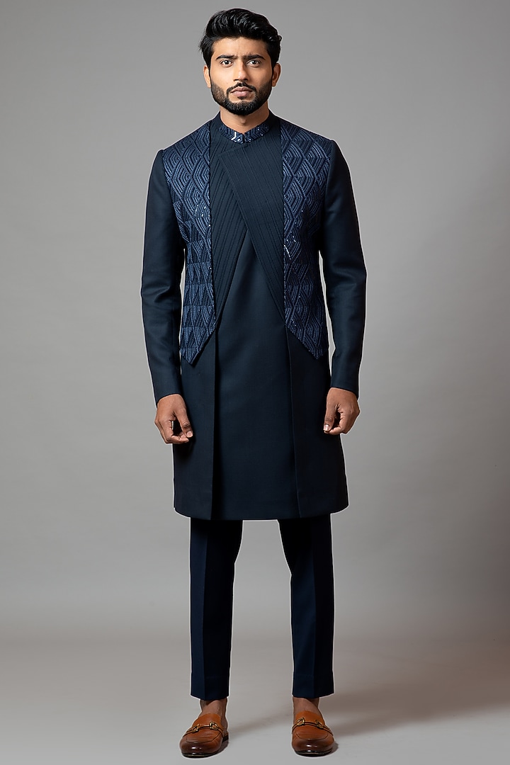 Navy Blue Embroidered Wedding Indowestern Set by PAARSH at Pernia's Pop Up Shop