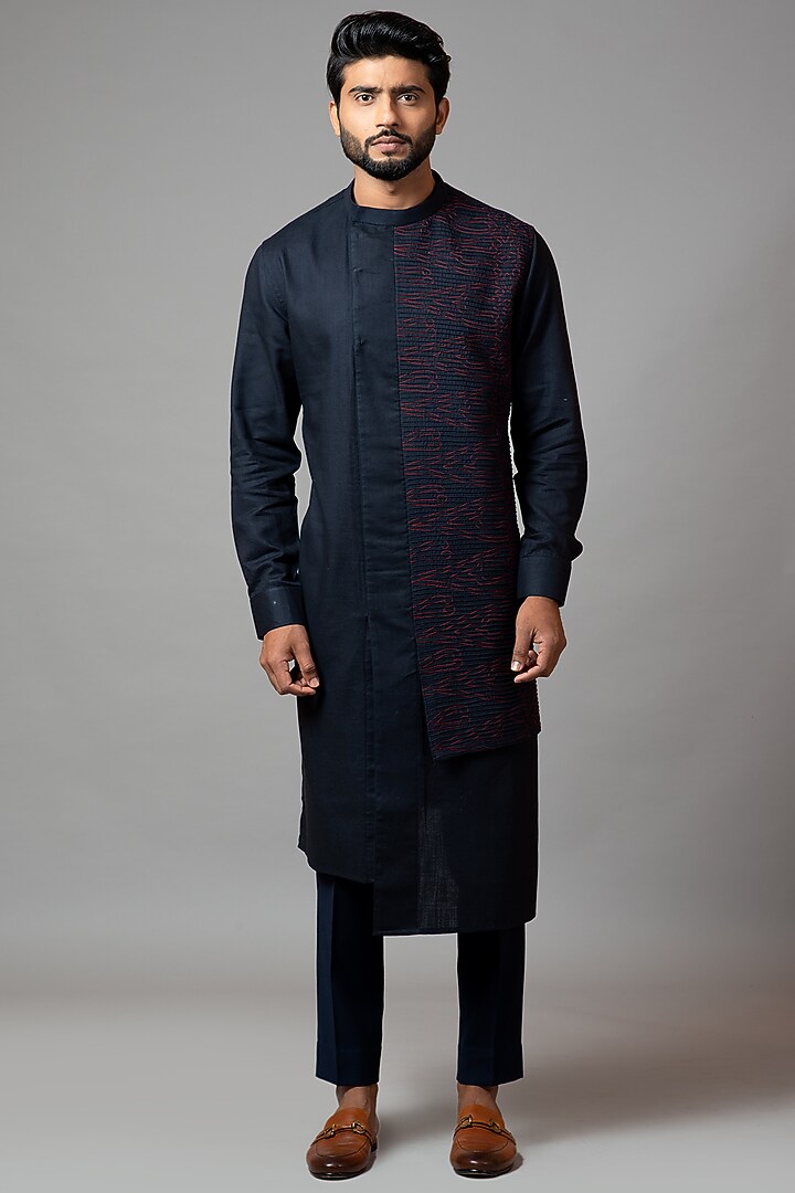 Navy Blue Embroidered Pintucked Kurta Set by PAARSH at Pernia's Pop Up Shop