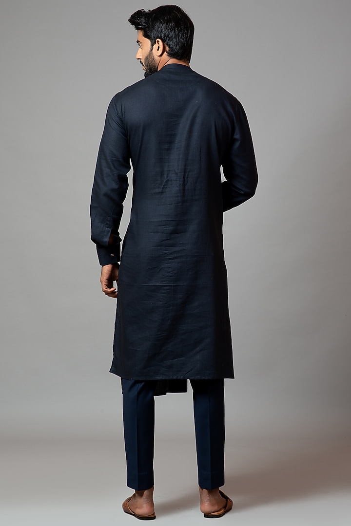 Navy Blue Embroidered Pintucked Kurta Set by PAARSH at Pernia's Pop Up Shop