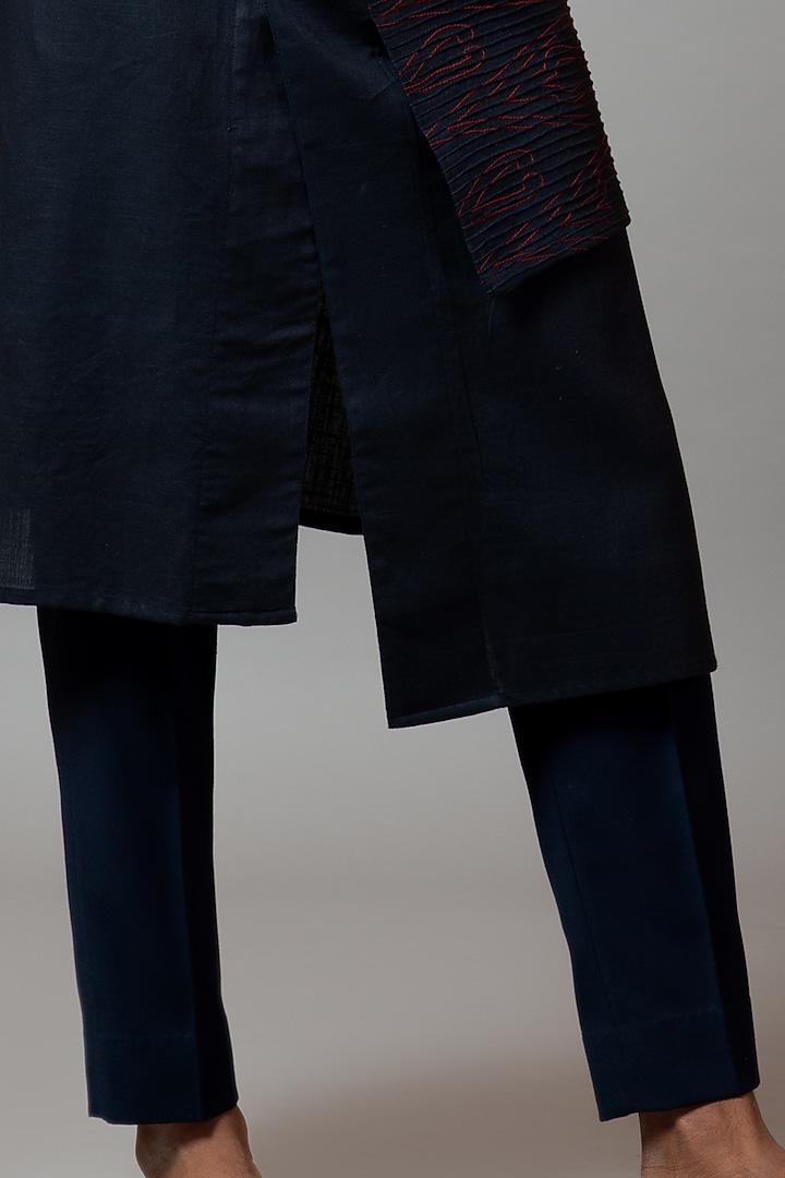 Navy Blue Embroidered Pintucked Kurta Set by PAARSH at Pernia's Pop Up Shop