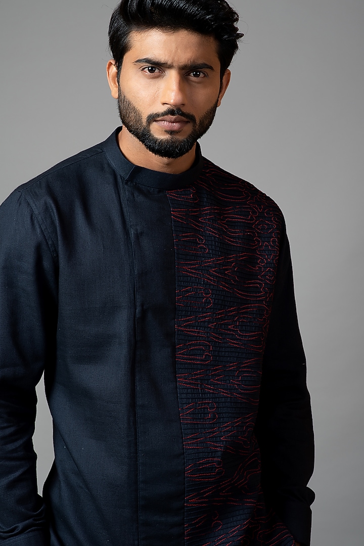 Navy Blue Embroidered Pintucked Kurta Set by PAARSH at Pernia's Pop Up Shop