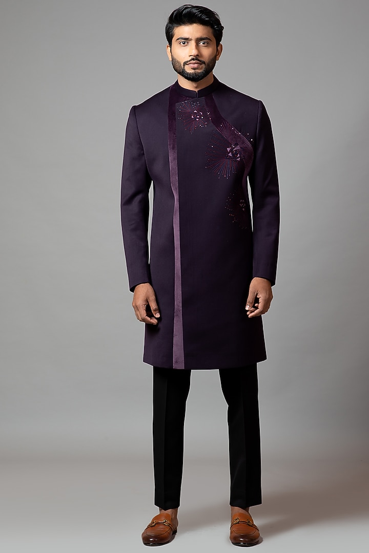 Deep Purple Embroidered Indo-Western Jacket Set by PAARSH at Pernia's Pop Up Shop