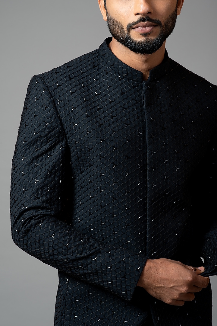 Black Embroidered Wedding Bandhgala Jacket Set by PAARSH at Pernia's Pop Up Shop