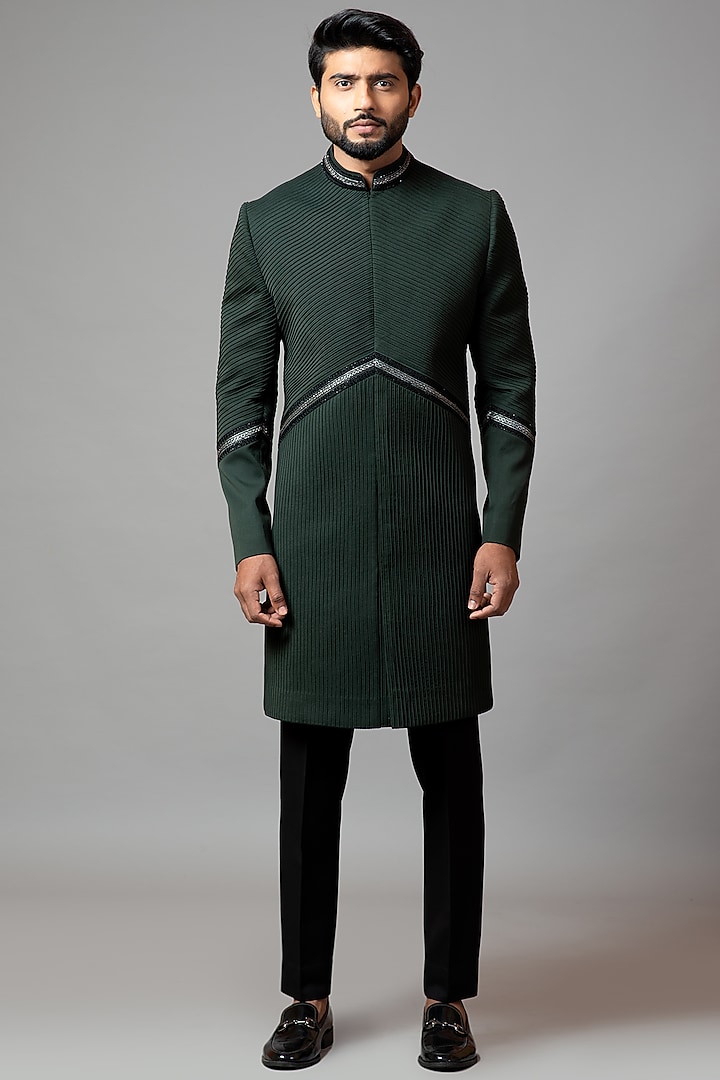 Bottle Green Embroidered Wedding Sherwani Set by PAARSH at Pernia's Pop Up Shop