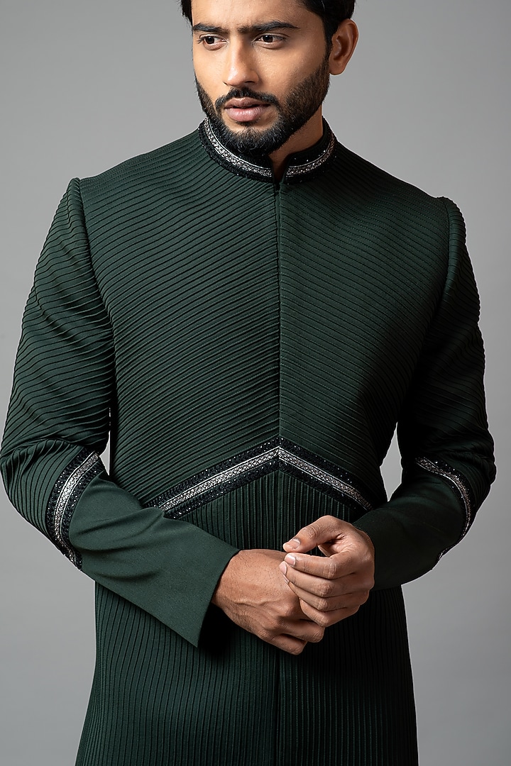 Bottle Green Embroidered Wedding Sherwani Set by PAARSH at Pernia's Pop Up Shop