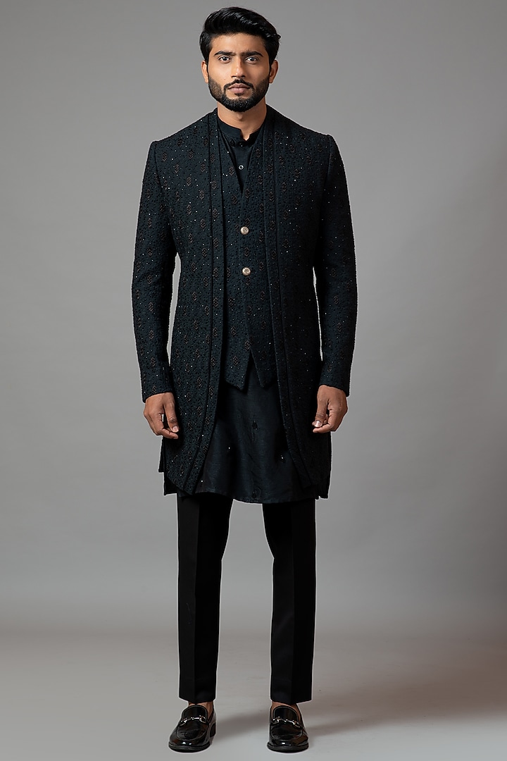 Black Kurta Set With Embroidered Indo-Western Jacket by PAARSH